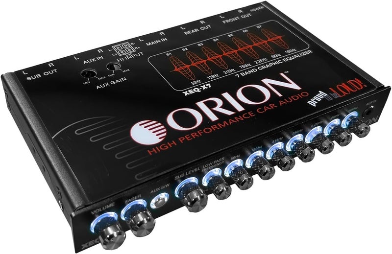 Orion XEQ-X7 7-Band Graphic Equalizer with Front 3.5mm AUX Input – Half-DIN Car Audio EQ with Subwoofer Control, High/Low-Level Inputs, Rear RCA, and Variable Low Pass Filter - Image 1